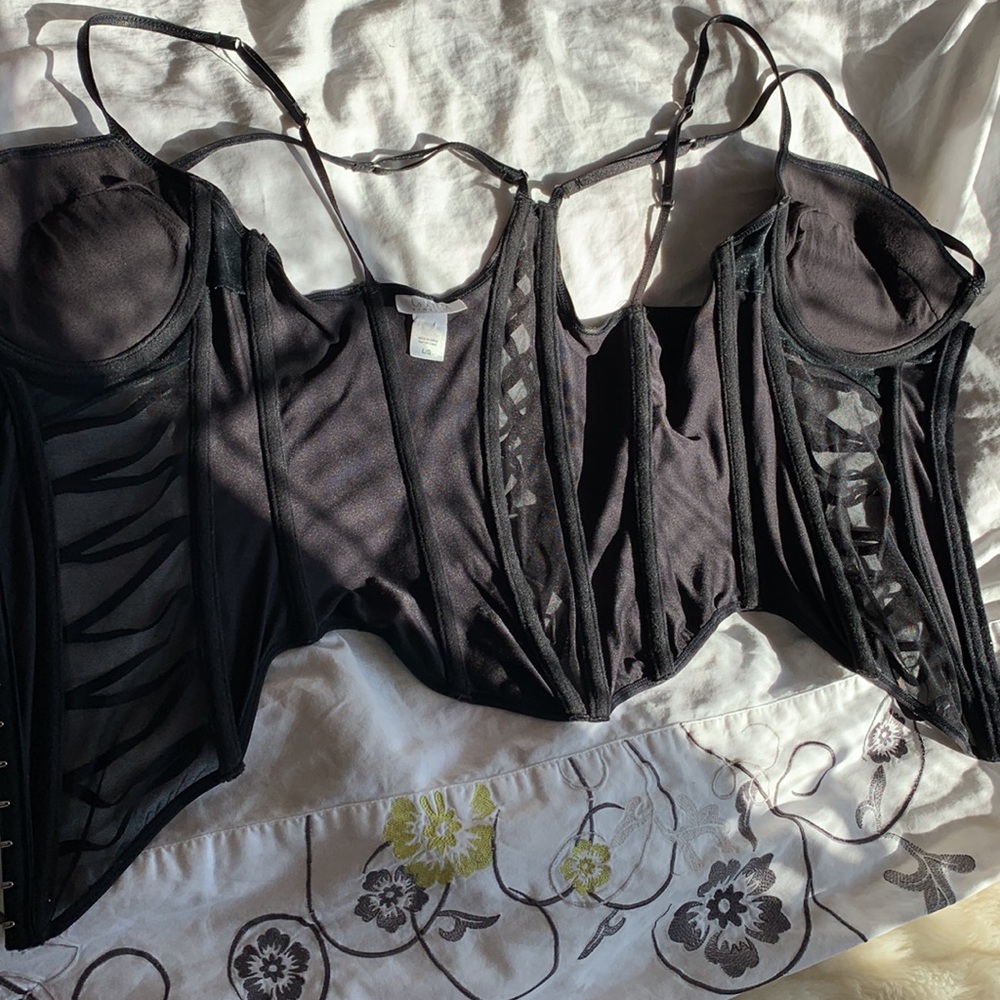 Vintage 90's black push up underwire lace up boned corset bustier top L - Picture 14 of 15